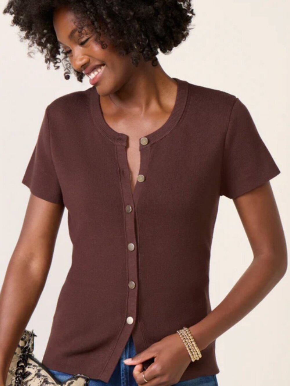 Evereve Women's Eden Button Front Short Sleeve Sweater Brown/ Gold Size XL